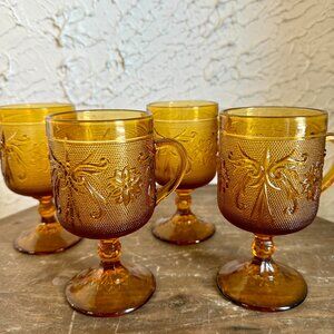 Vintage Amber Glass Footed Mugs | Daisy & Button Indiana Glass | Set of 4 Goblet